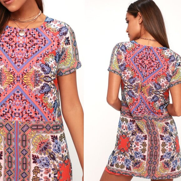 Lulus Sangria Coral Pink Tile Print Shift Dress in XS - NWOT - Picture 3 of 6